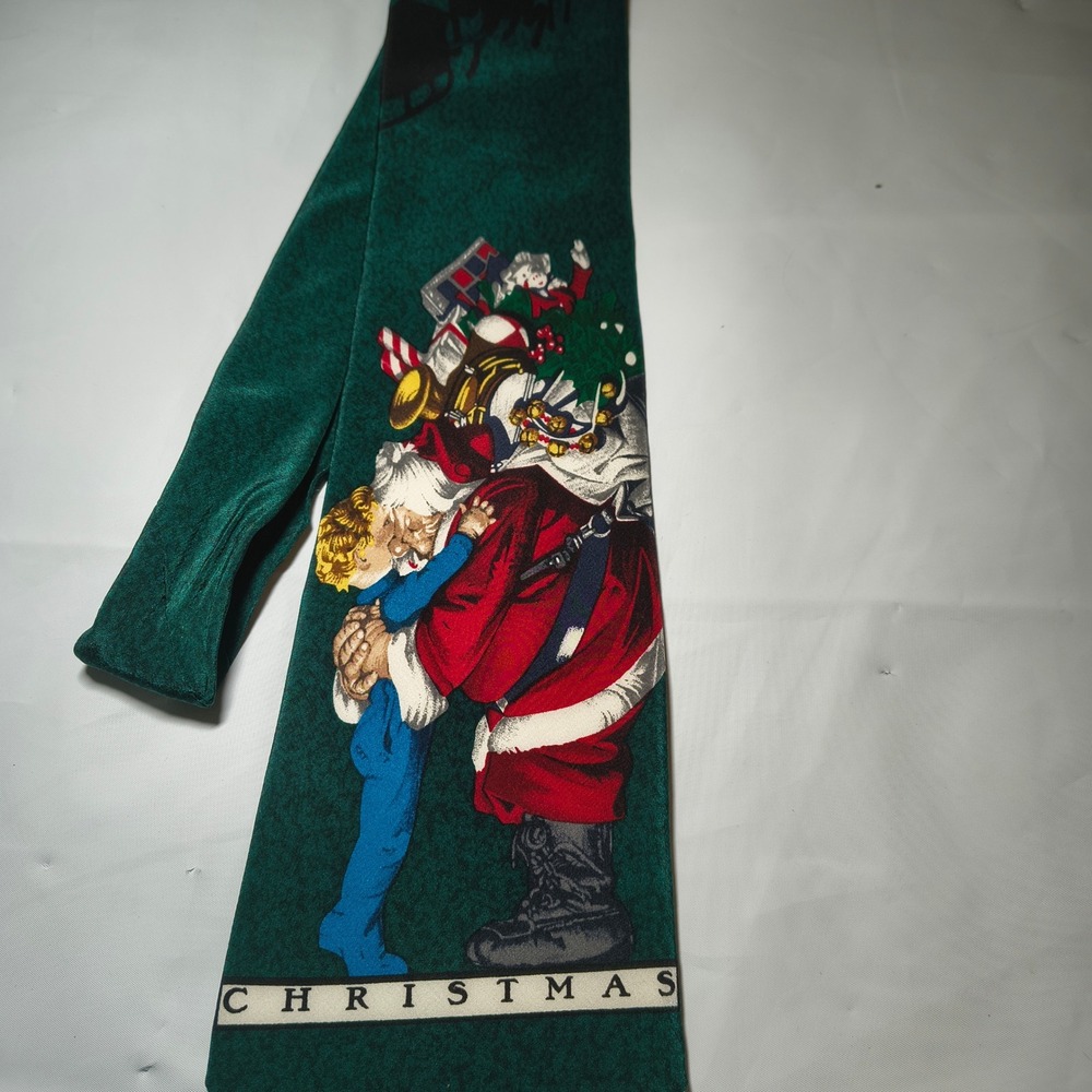 Vintage The Saturday Evening Post Christmas Santa Silk Tie Green Mens 1996